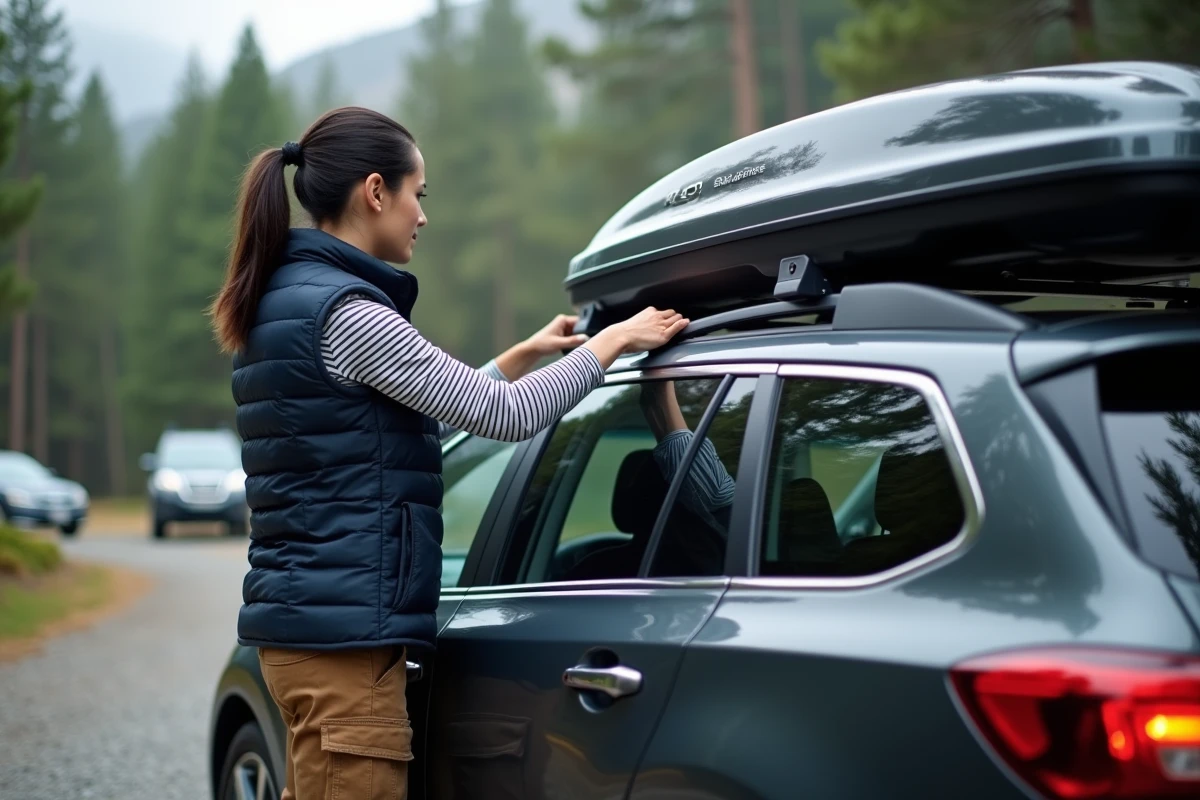 Femme installant un coffre de toit sur le roof rack d'un break gris dans un parking de montagne entouré de pins