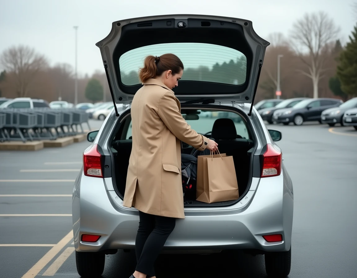 Femme chargeant des courses et une poussette dans le coffre ouvert d'une Toyota Corolla argent dans un parking de supermarché