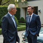 Homme d'âge moyen admire une voiture électrique vintage dans une allée moderne