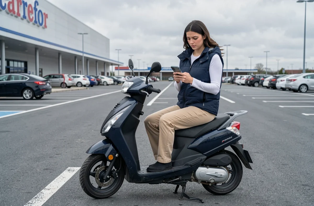 Jeune femme comparant des offres d'assurance scooter sur son téléphone dans un parking Carrefour