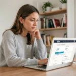 Femme comparant une assurance voiture sur un site de comparaison en ligne depuis son bureau à domicile