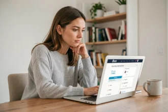 Femme comparant une assurance voiture sur un site de comparaison en ligne depuis son bureau à domicile