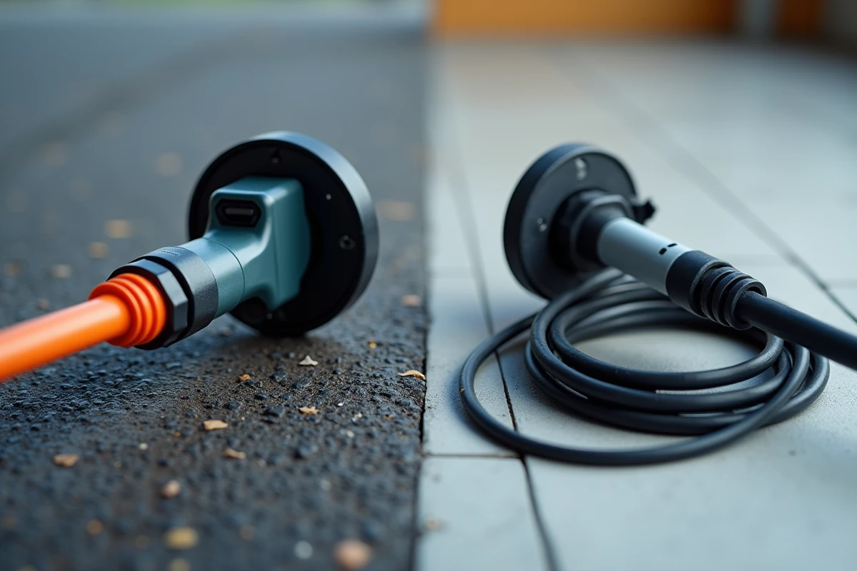Comparaison de deux câbles de recharge pour voiture électrique, borne publique et wallbox domestique, en vue rapprochée