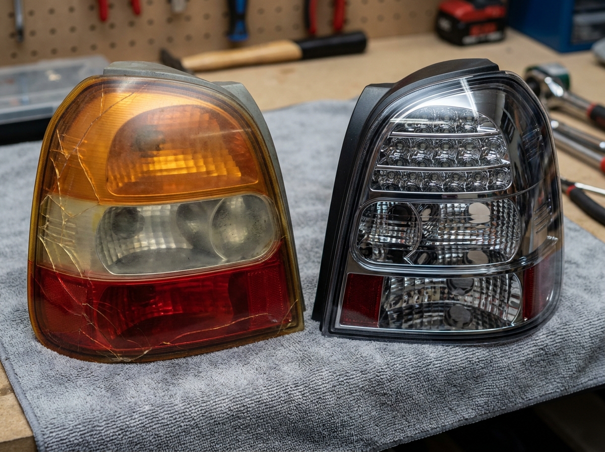 Comparaison entre un vieux feu arrière jauni des années 2000 et un feu LED moderne crystal sur établi d'atelier