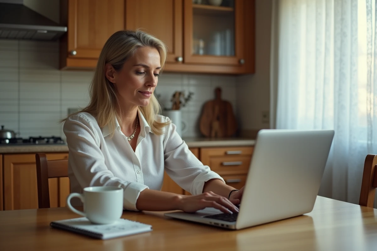 Femme comparant les frais et garanties d'une vente de voiture en ligne sur un ordinateur portable à la maison