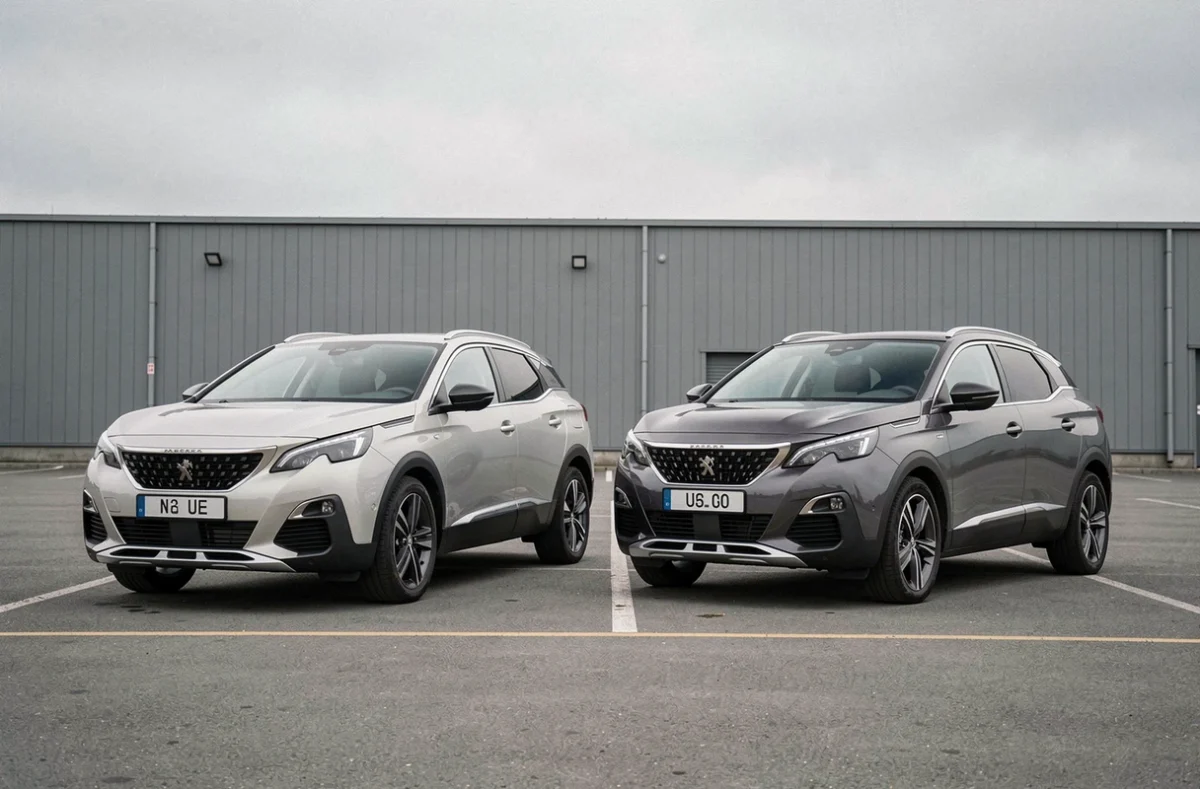 Comparaison côte à côte du Peugeot 3008 Phase 1 et Phase 2 en vue de profil dans un parking industriel