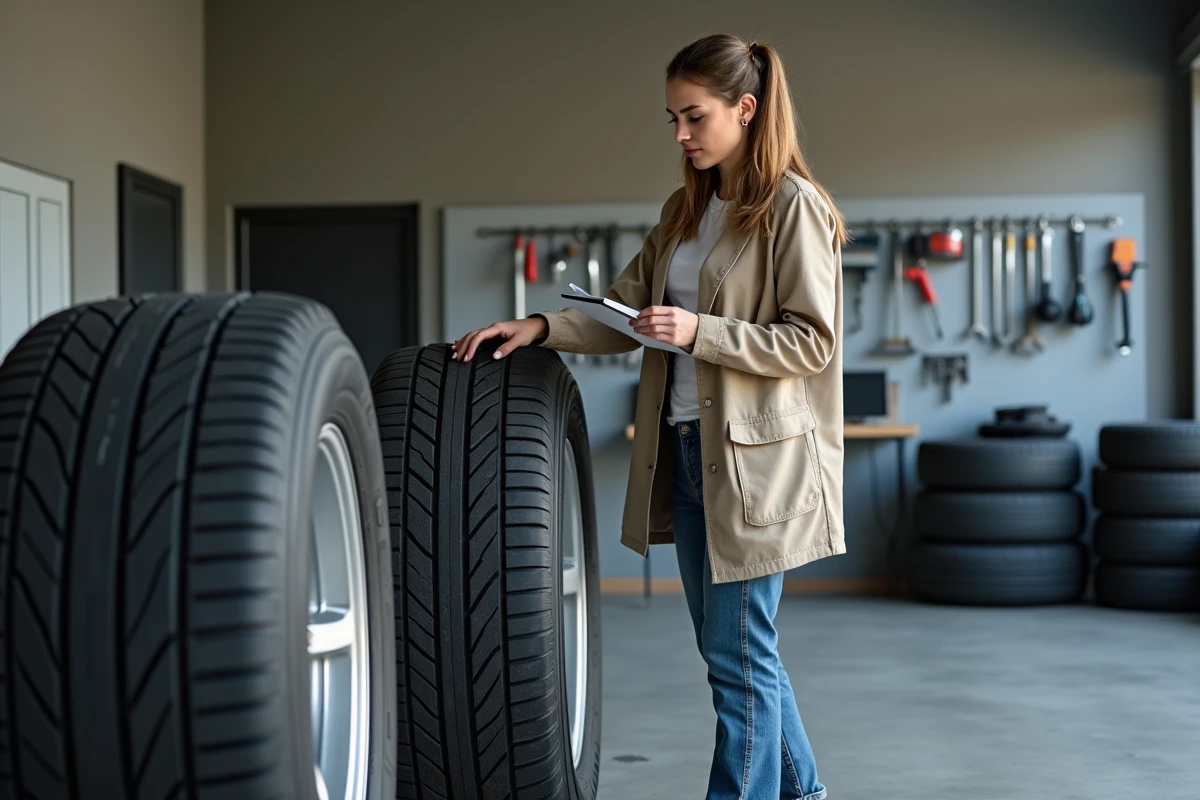 Femme comparant deux pneus dans un garage lumineux