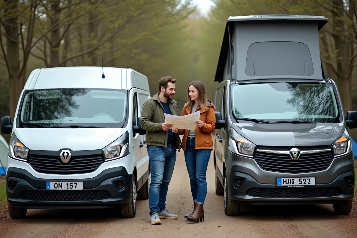 Comparaison entre un van Dacia et un van compact concurrent garés côte à côte dans un camping urbain