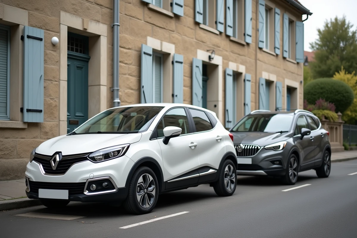 Deux voitures garées dans une rue française, comparaison entre modèle populaire et voiture discrète