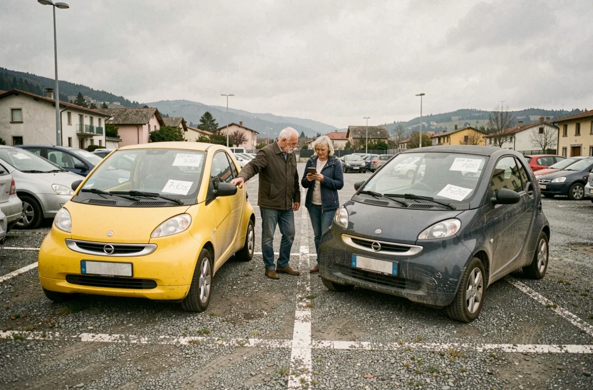 Couple comparant deux voitures sans permis d'occasion dans un parking de concessionnaire en Isère