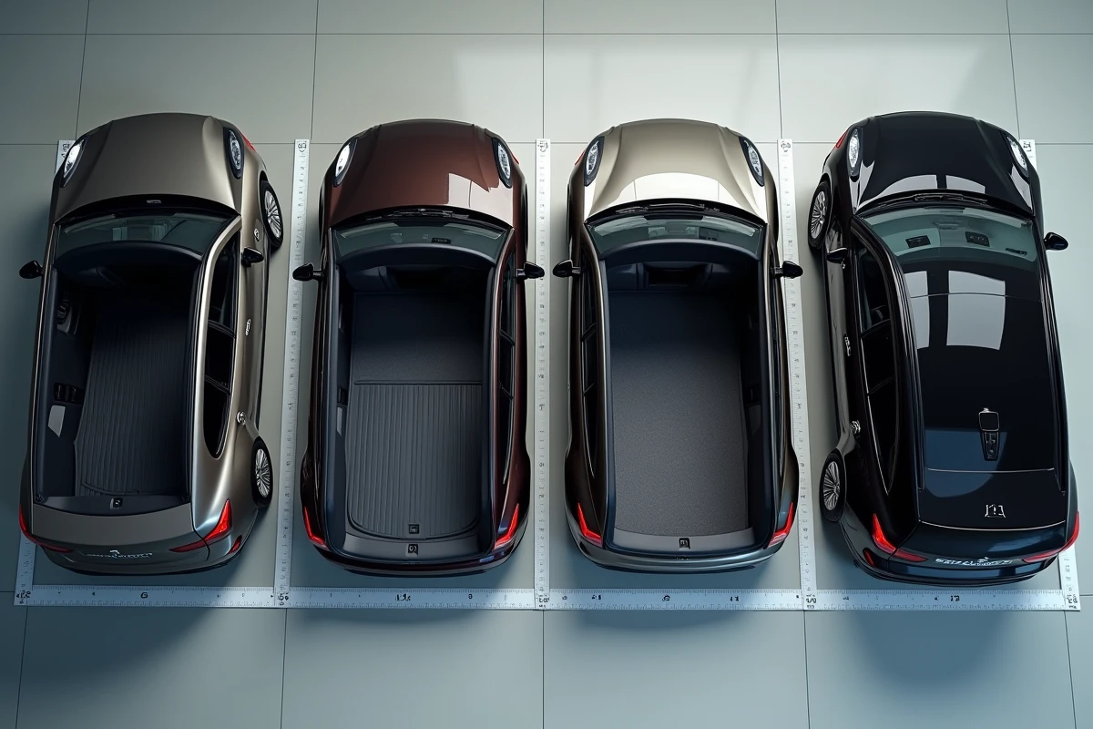 Vue comparative aérienne de quatre coffres de voitures de tailles différentes ouverts dans un showroom automobile