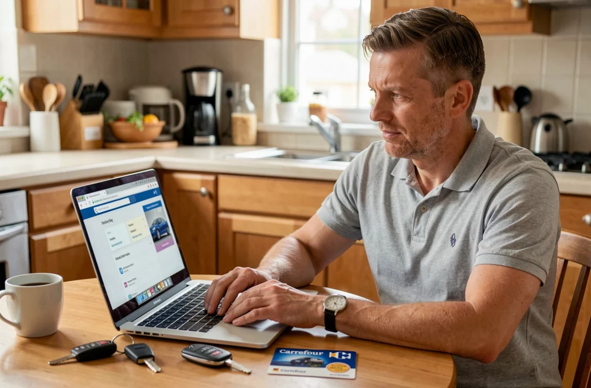 Homme comparant les tarifs d'assurance auto Carrefour sur un ordinateur portable à domicile