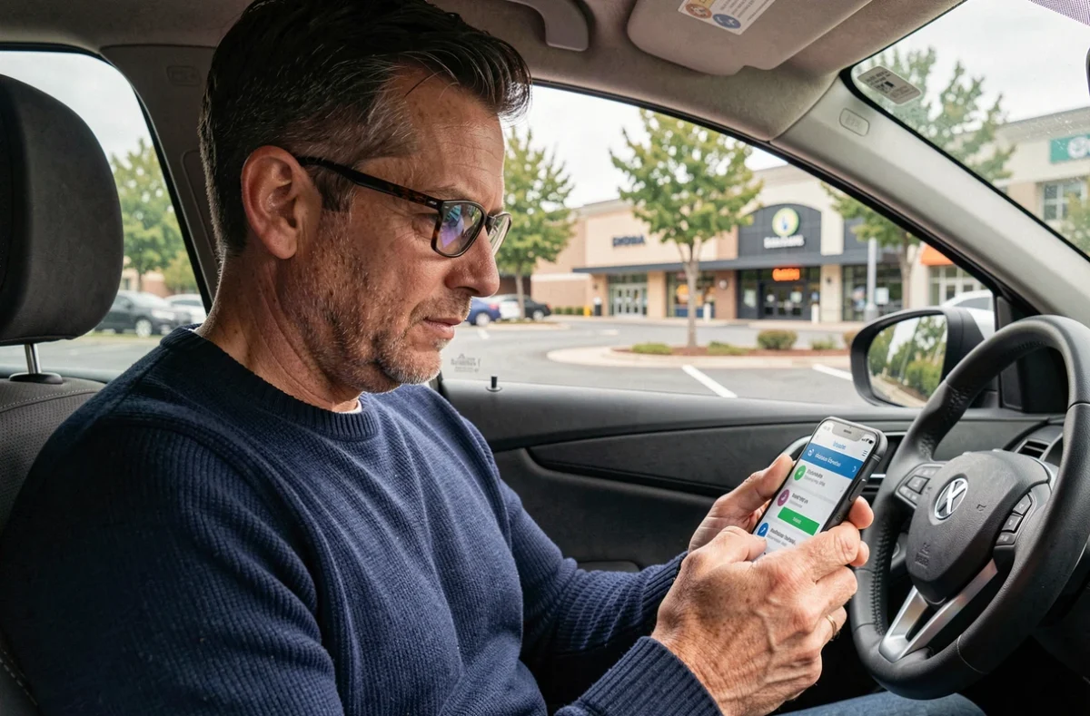 Homme consultant une application de comparaison d'assurance auto sur son smartphone dans sa voiture