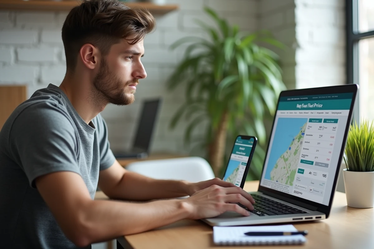Jeune homme comparant les prix du carburant sur un site web depuis son bureau à domicile