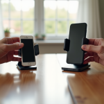 Deux mains comparant support smartphone Quadlock et Rokform sur une table en bois