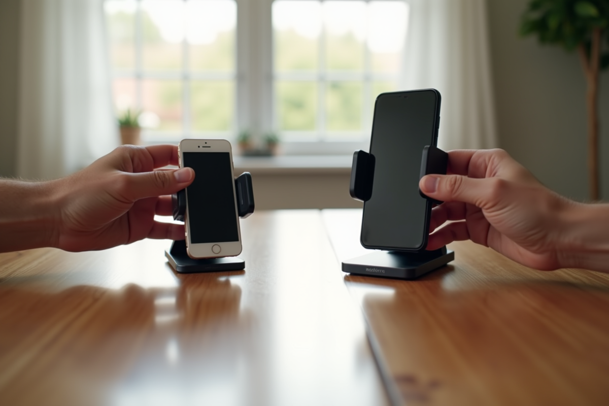 Deux mains comparant support smartphone Quadlock et Rokform sur une table en bois