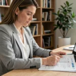 Femme comparant des offres d'assurance auto sur des documents imprimés dans un bureau à domicile