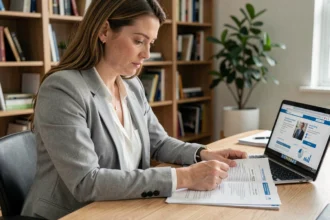 Femme comparant des offres d'assurance auto sur des documents imprimés dans un bureau à domicile