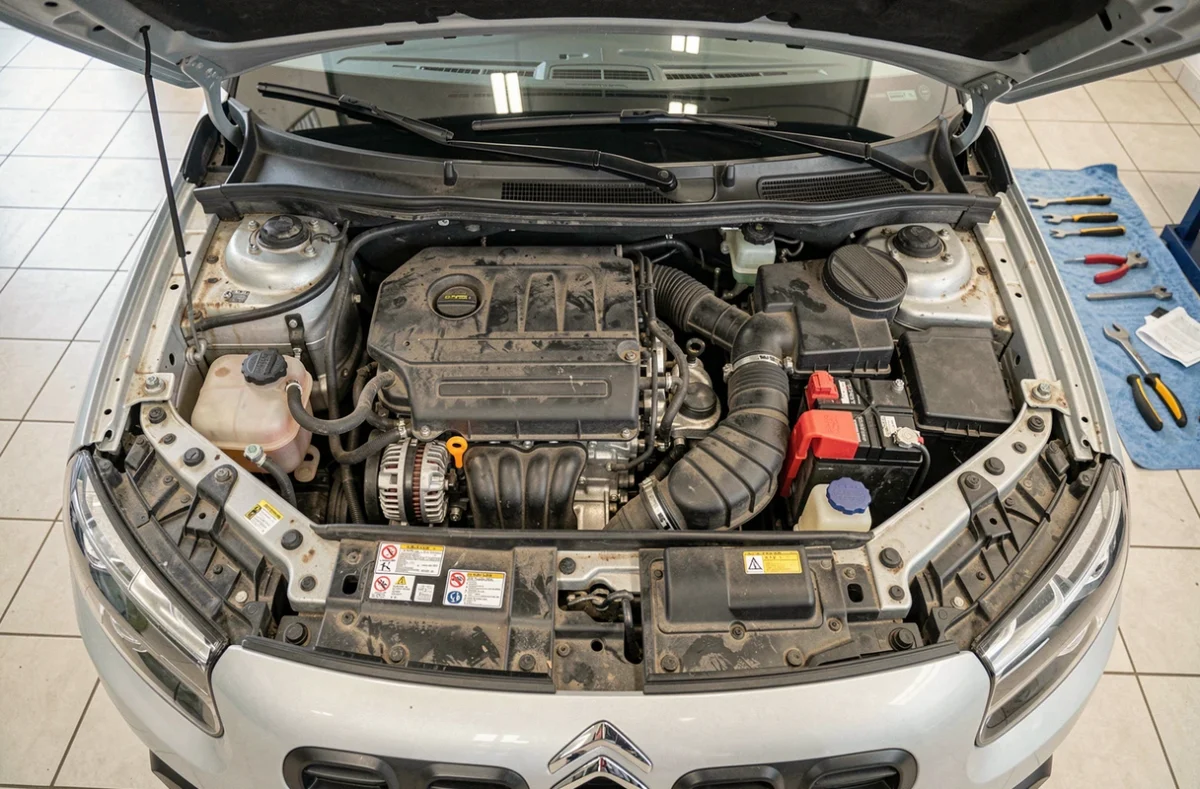 Vue détaillée du compartiment moteur d'un C3 Aircross avec ses composants d'entretien visibles