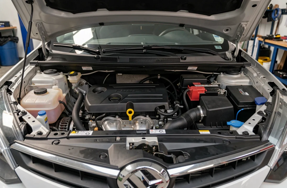 Compartiment moteur essence turbo d'une citadine, capot ouvert
