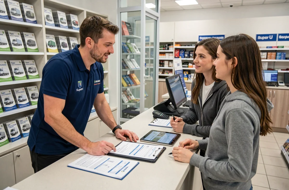 Agent de location Super U expliquant le contrat de location d'une remorque frigorifique à un couple au comptoir du service