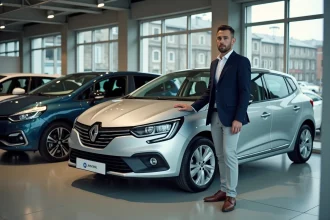 Homme dans une concession automobile française examinant la voiture la plus vendue en 2026