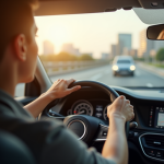 Conducteur concentré au volant dans une voiture moderne