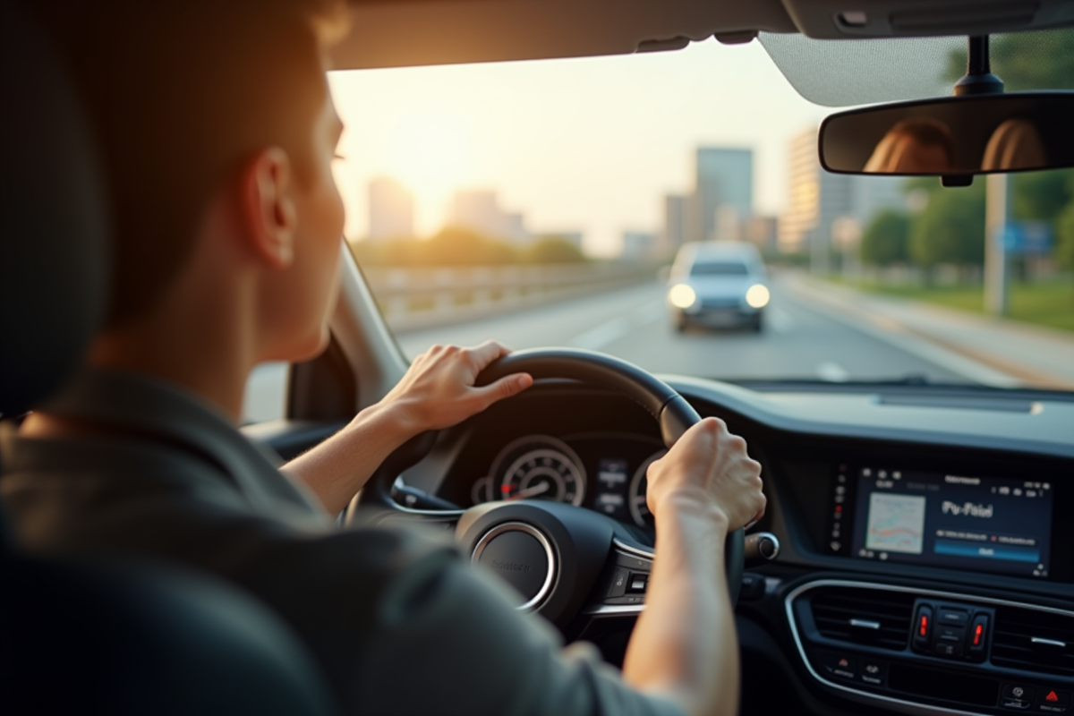 Conducteur concentré au volant dans une voiture moderne