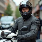 Jeune conducteur avec casque intégral et veste moto textile debout près d'un scooter 3 roues en ville, illustrant le permis A2 pour scooter trois roues