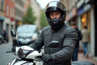 Jeune conducteur avec casque intégral et veste moto textile debout près d'un scooter 3 roues en ville, illustrant le permis A2 pour scooter trois roues
