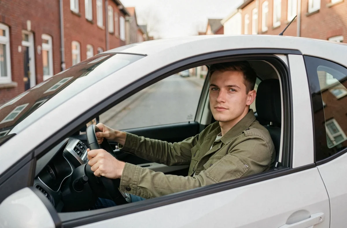 Jeune homme au volant d'une voiture sans permis d'occasion dans une rue résidentielle de Tourcoing