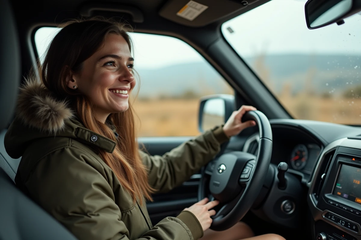 Jeune femme conduisant un SUV dans la campagne boueuse