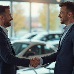 Professionnel souriant serrant la main d'un client devant une concession
