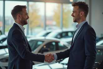 Professionnel souriant serrant la main d'un client devant une concession
