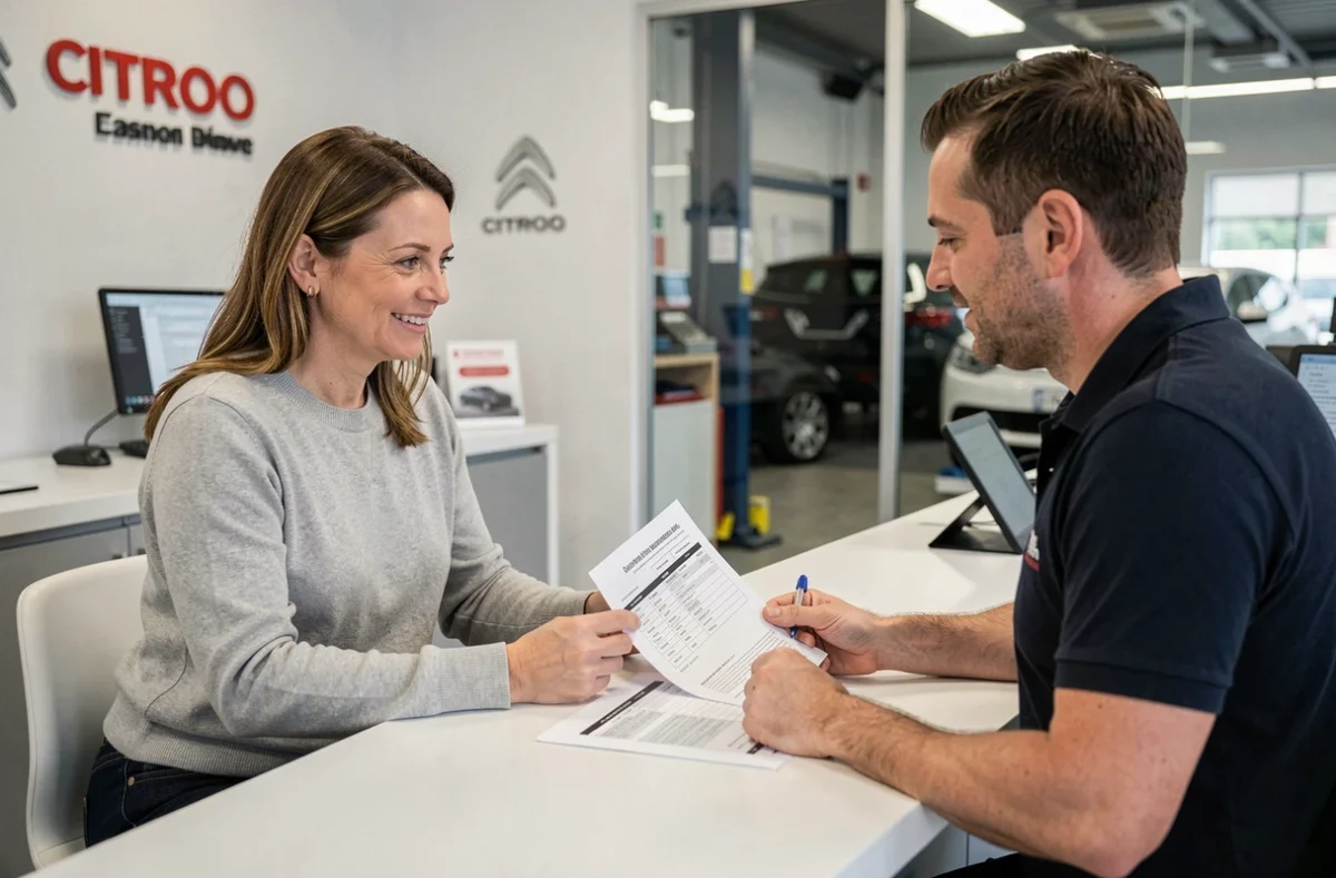 Cliente discutant du planning d'entretien de son C3 Aircross avec un conseiller dans une concession Citroën