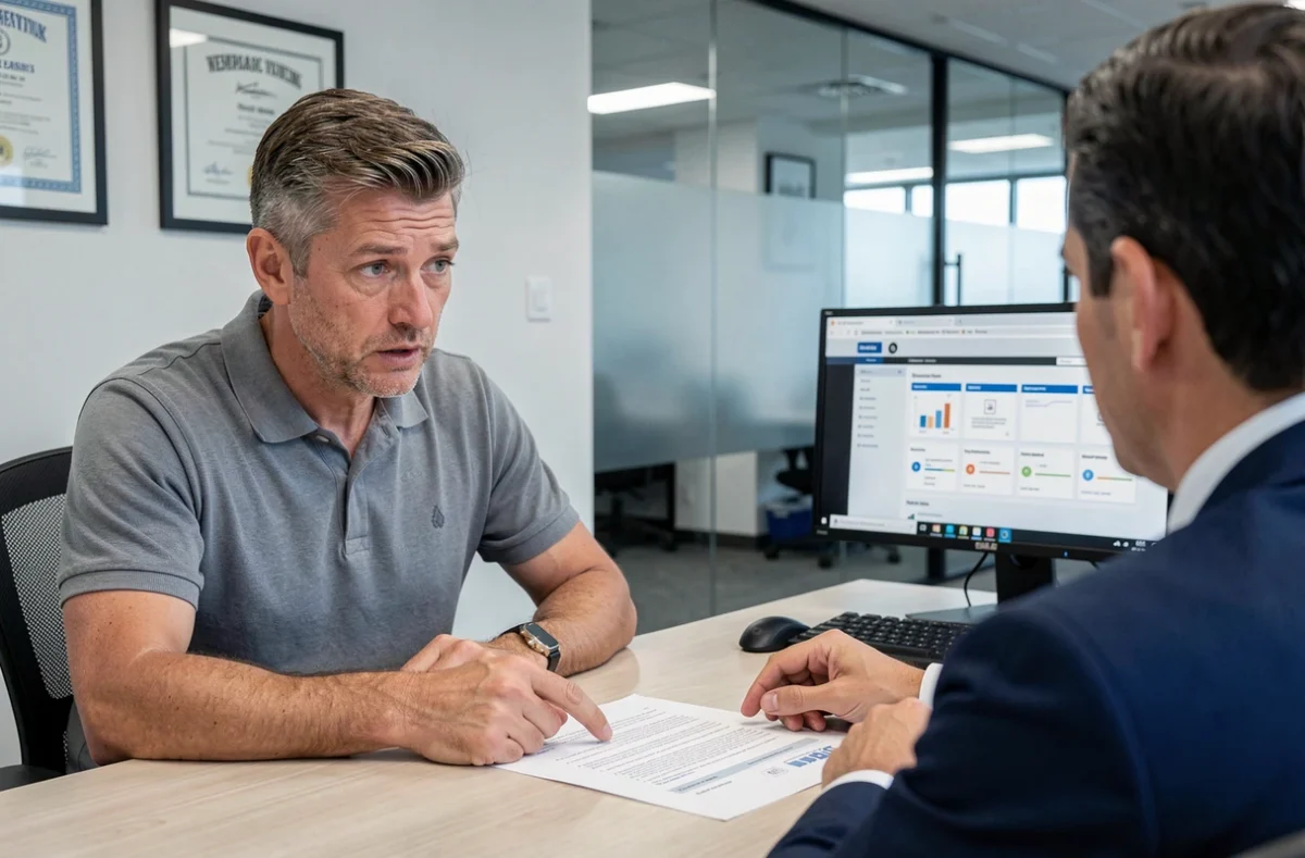 Client et agent discutant d'un contrat de résiliation d'assurance moto en agence