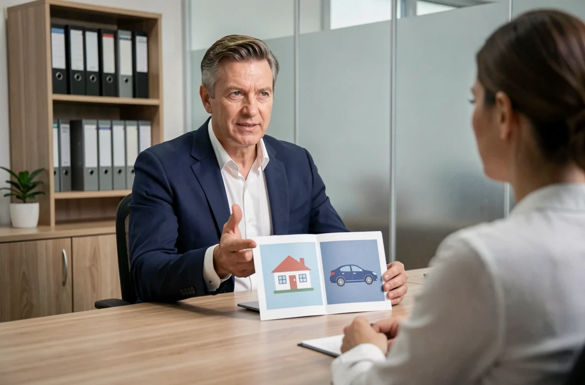 Conseiller en assurance présentant une offre groupée auto et habitation à des clients en agence