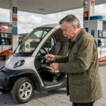 Homme lisant la jauge de carburant d'une voiture sans permis à la station-service