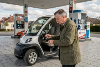 Homme lisant la jauge de carburant d'une voiture sans permis à la station-service