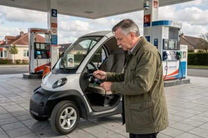 Homme lisant la jauge de carburant d'une voiture sans permis à la station-service