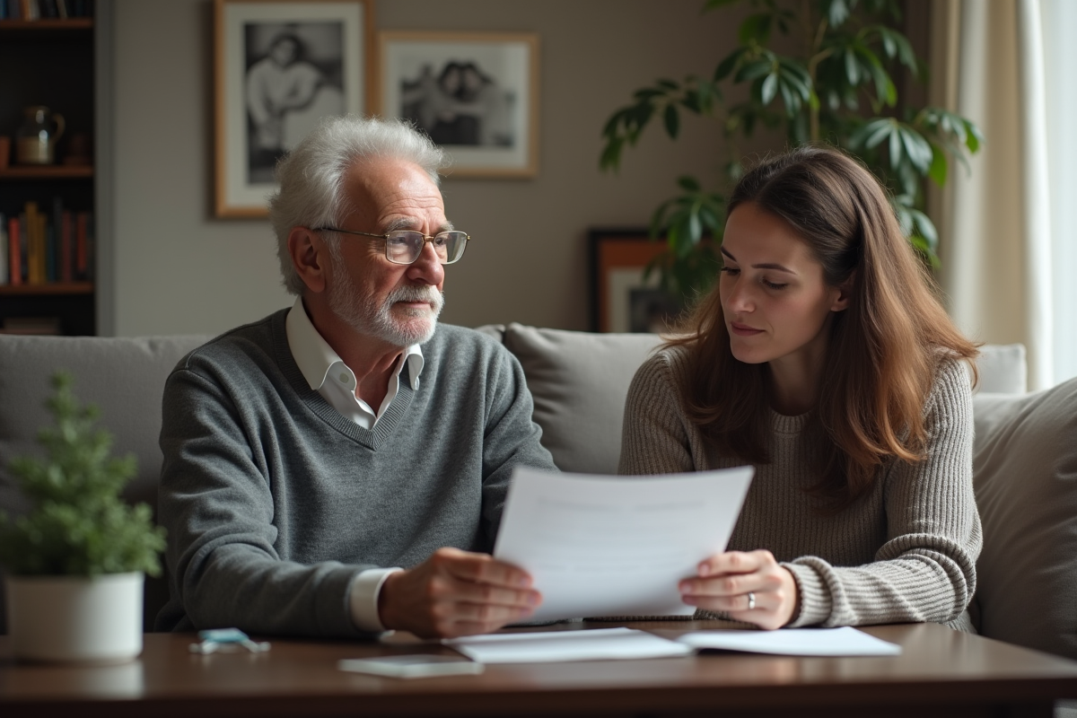 Famille discutant d un contrat de location dans un salon chaleureux