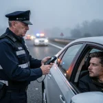 Contrôle alcoolémie routier : gendarme tenant un éthylotest vers un conducteur arrêté au bord de la route