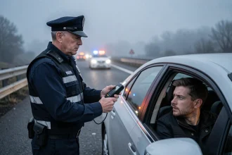 Contrôle alcoolémie routier : gendarme tenant un éthylotest vers un conducteur arrêté au bord de la route
