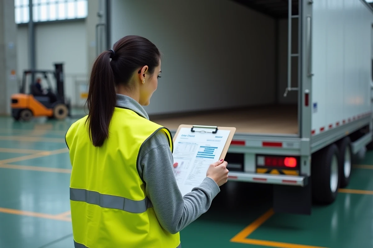 Femme contrôlant la charge utile d'une remorque fermée dans un entrepôt logistique avec une fiche de contrôle