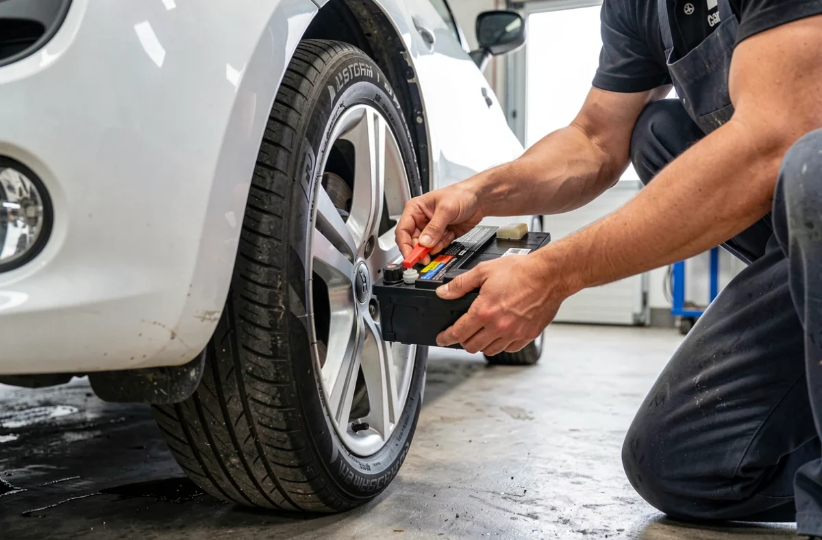 Contrôle des pneus et de la batterie d'une voiture restée en stock