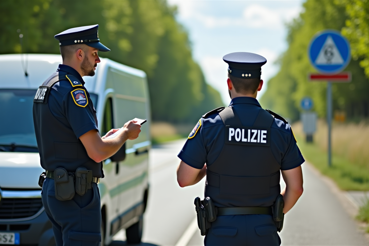 Agent de police contrôlant un véhicule sur la route en France