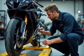 Mécanicien inspectant le disque de frein d'une moto lors d'un contrôle technique en garage agréé