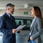 Mecanicien souriant avec cliente devant voiture en extérieur