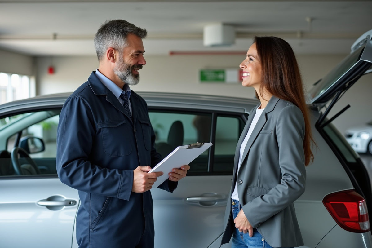 Mecanicien souriant avec cliente devant voiture en extérieur