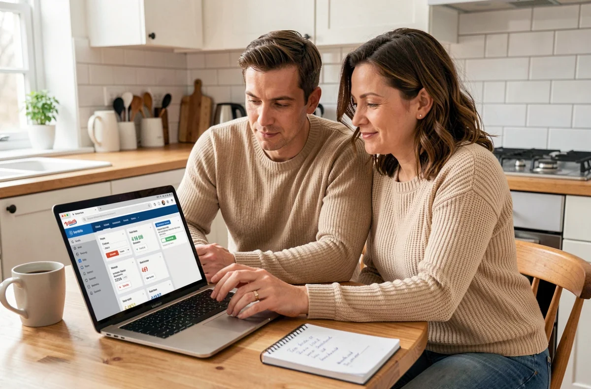 Couple comparant des devis d'assurance auto sur un ordinateur portable dans une cuisine moderne